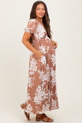 Mocha Floral Print Short Sleeve V-Neck Maternity Maxi Dress