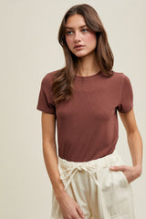 Brown Ribbed Short Sleeve Curved Hem Maternity Top