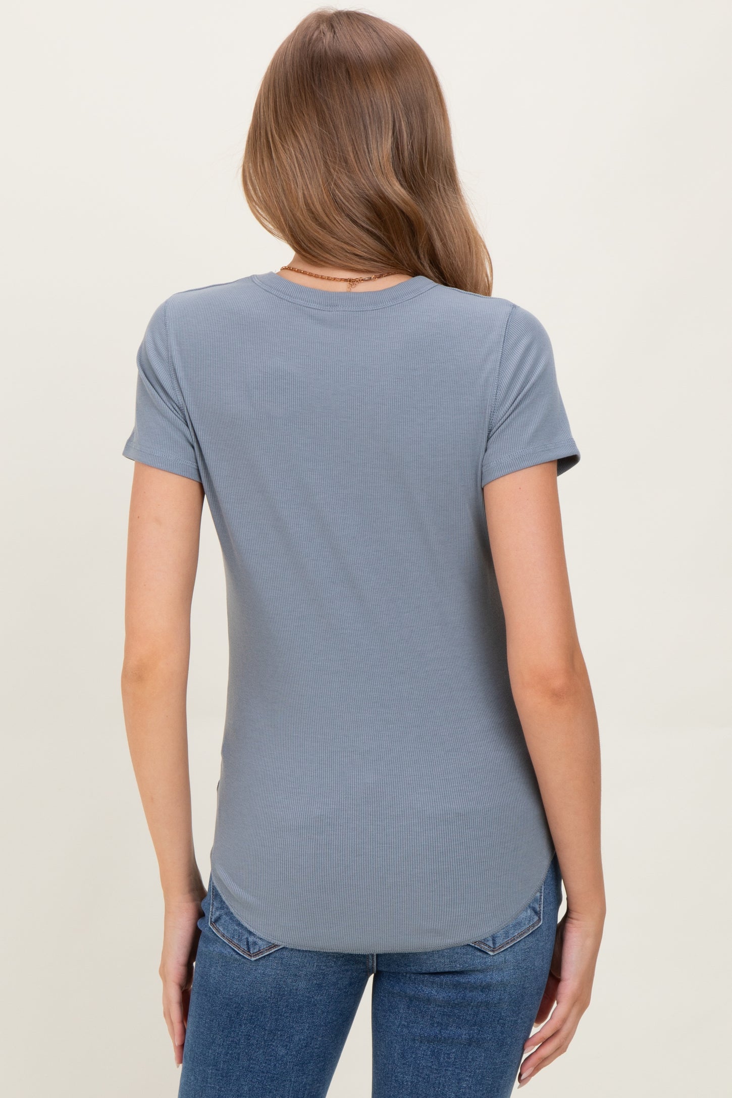 Blue Ribbed Short Sleeve Curved Hem Maternity Top