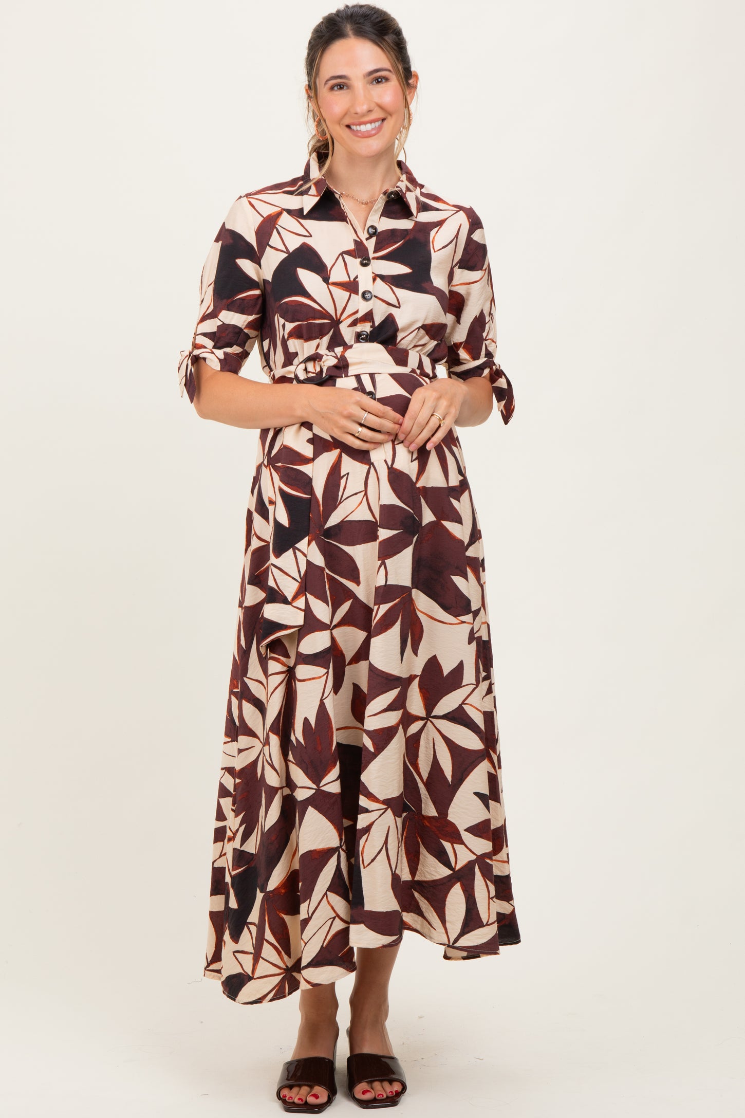 Brown Leaf Print Maternity Maxi Shirt Dress