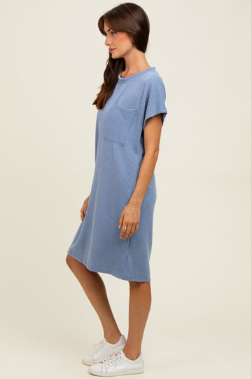 Blue Ribbed Front Pocket Dolman Short Sleeve Dress