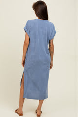 Blue Ribbed Short Sleeve Maternity Midi Dress