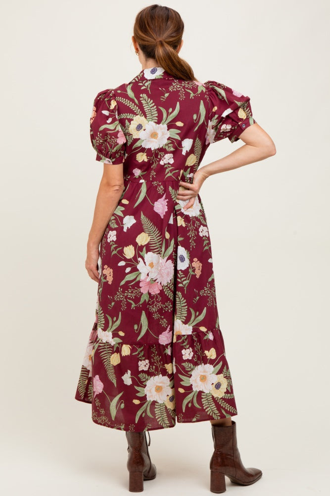 Burgundy Floral Puff Sleeve Button Down Midi Dress