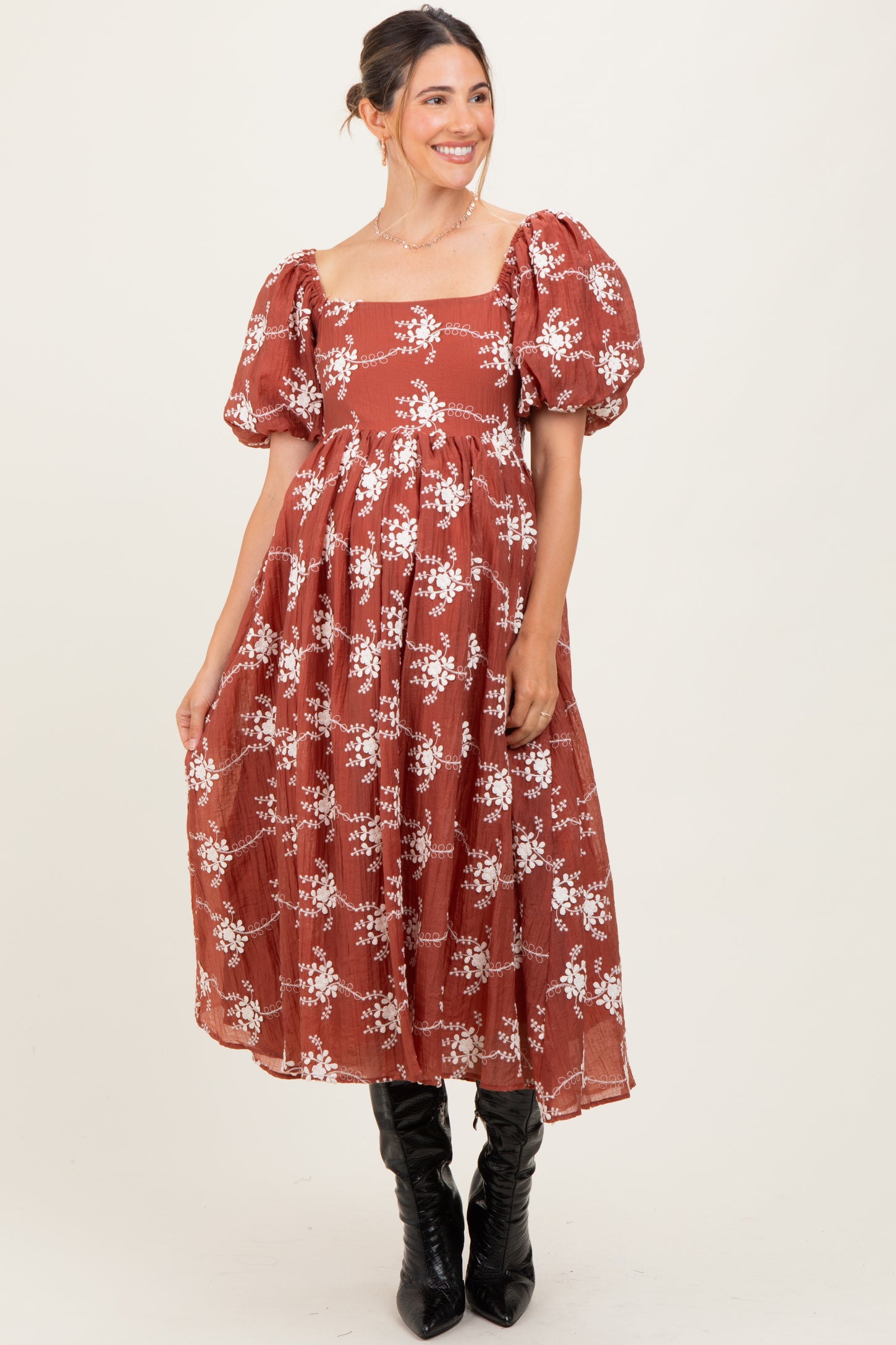 Rust Textured Maternity Midi Dress