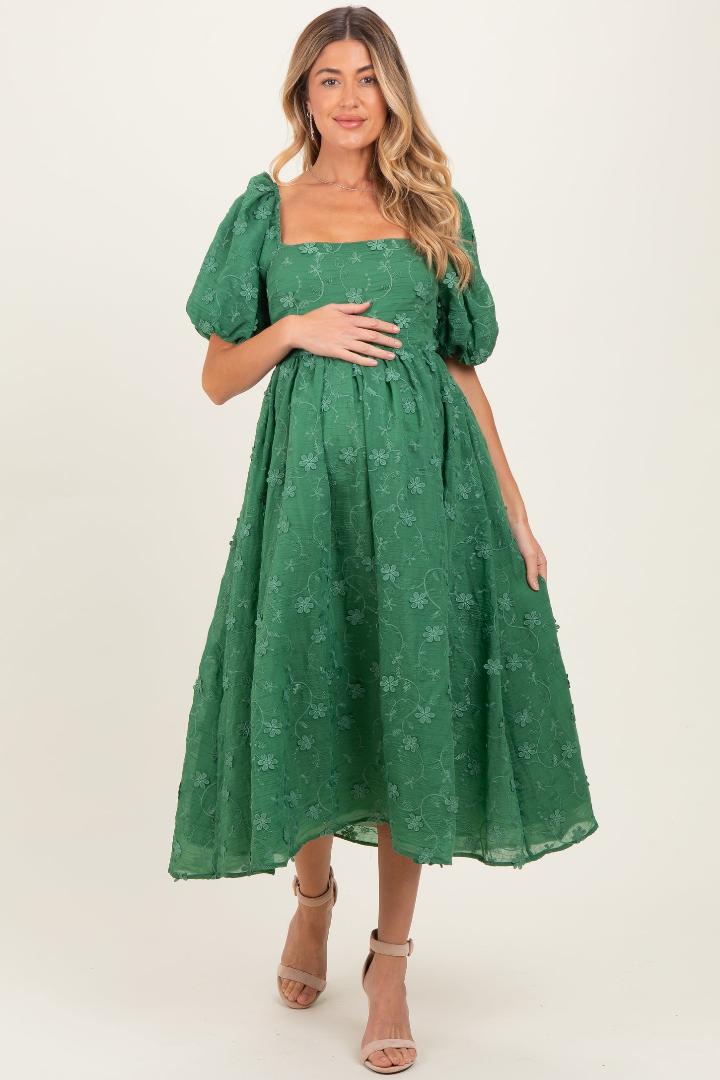 Forest Green Embroidered Floral Puff Sleeve Maternity Midi Dress PinkBlush Forest Green Embroidered Floral Puff Sleeve Maternity Midi Dress PinkBlush