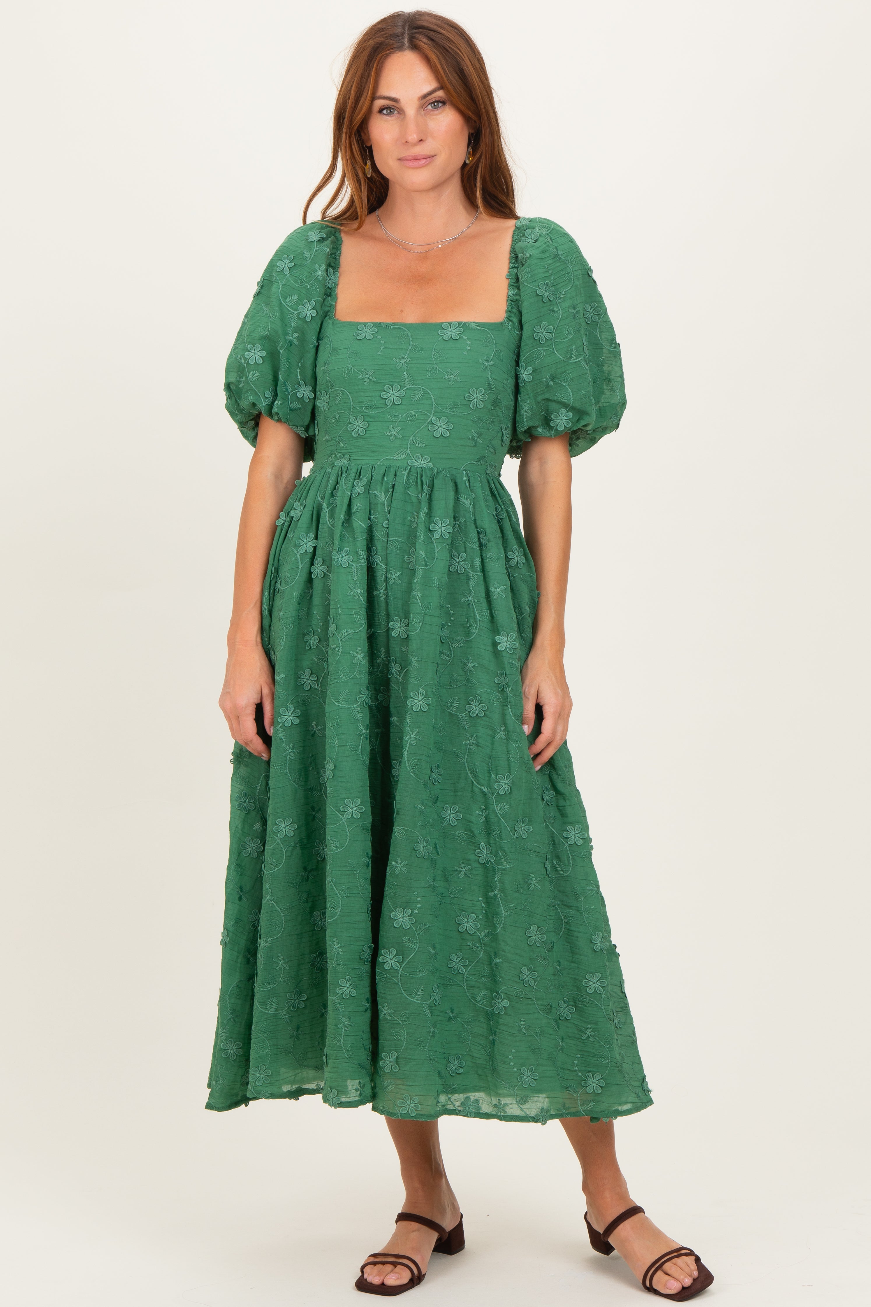 Forest Green Embroidered Floral Puff Sleeve Maternity Midi Dress
