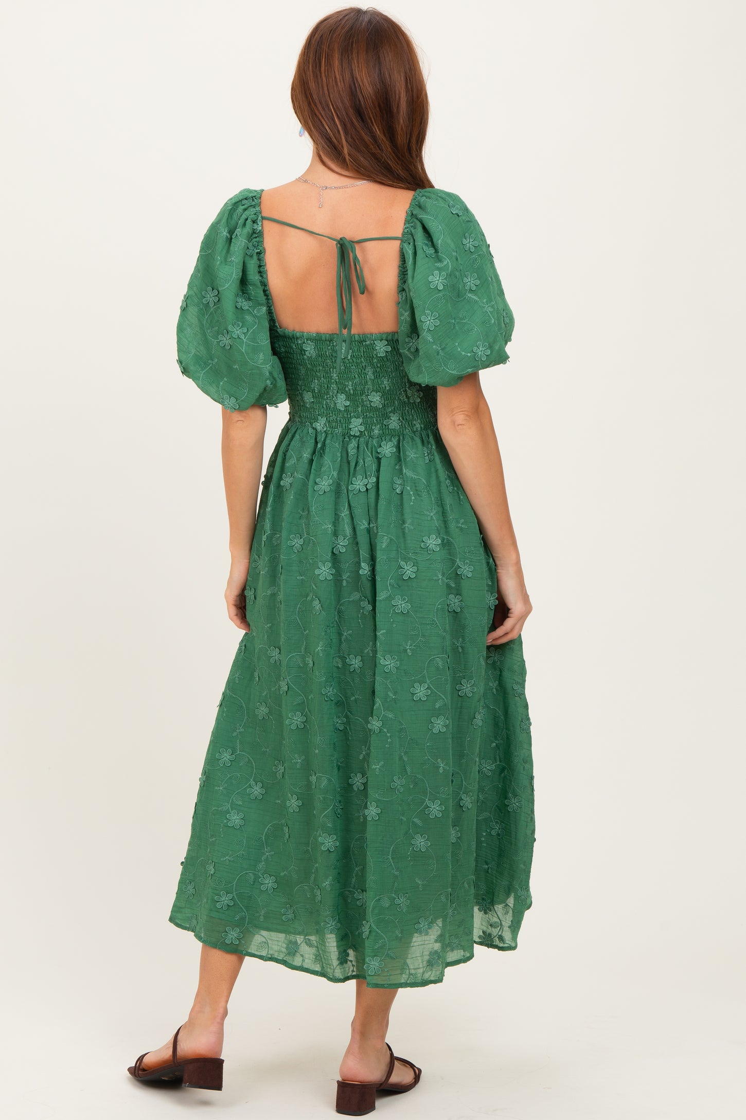 Forest Green Embroidered Floral Puff Sleeve Midi Dress