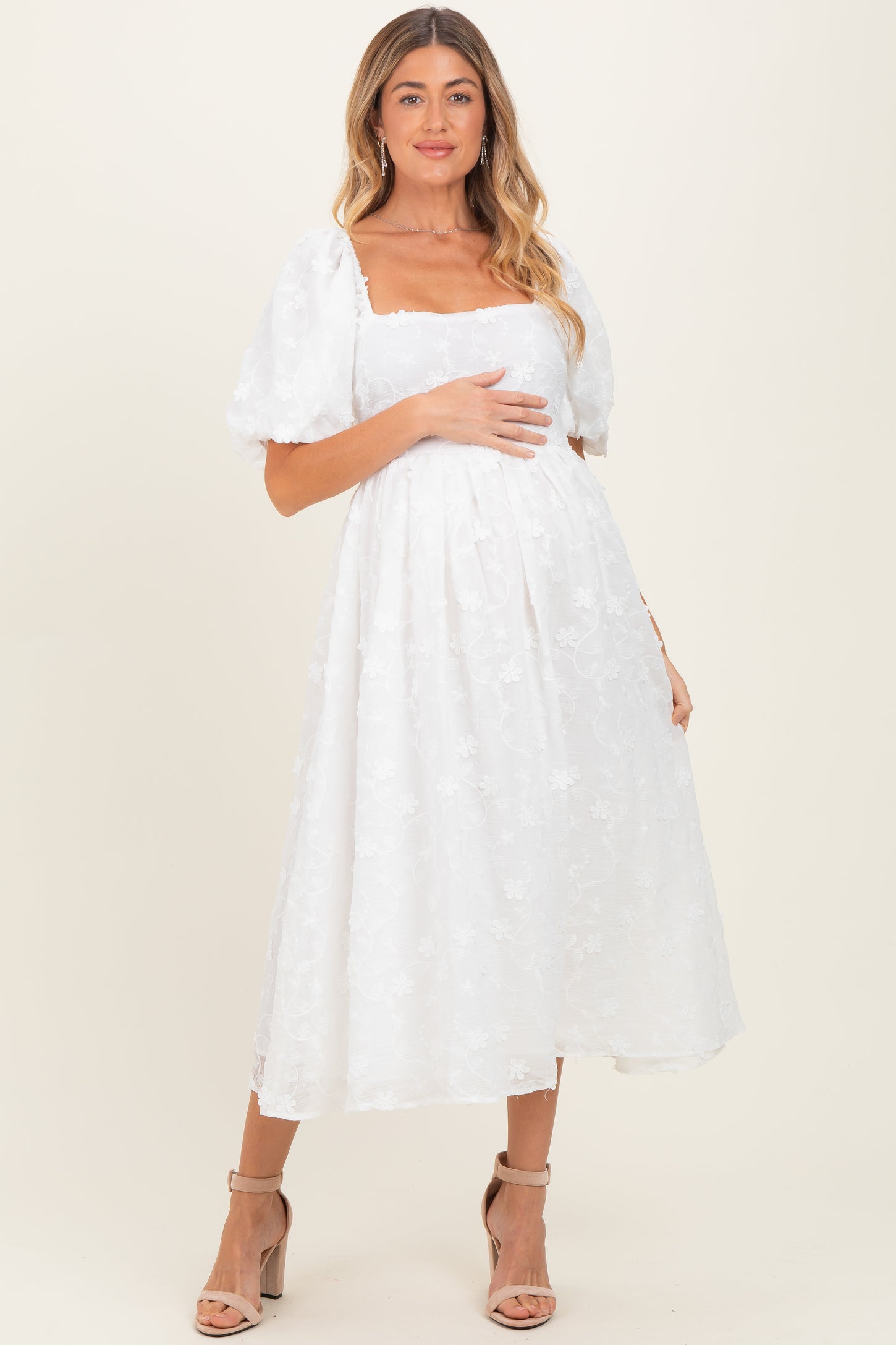 wedding dress with high lace neckline Ivory Embroidered Floral Puff Sleeve Maternity Midi Dress – PinkBlush