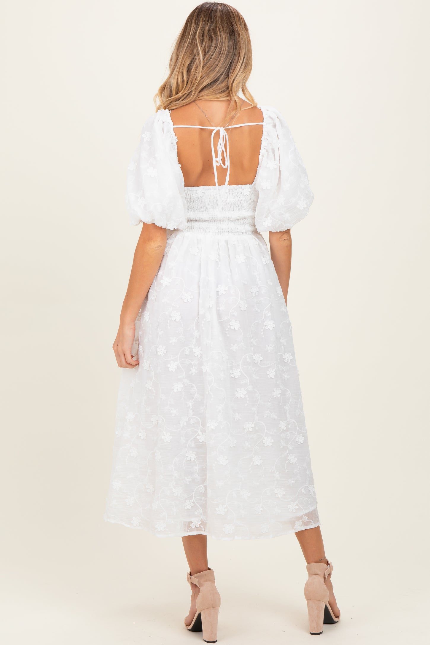 Ivory Embroidered Floral Puff Sleeve Maternity Midi Dress Ivory Embroidered Floral Puff Sleeve Maternity Midi Dress