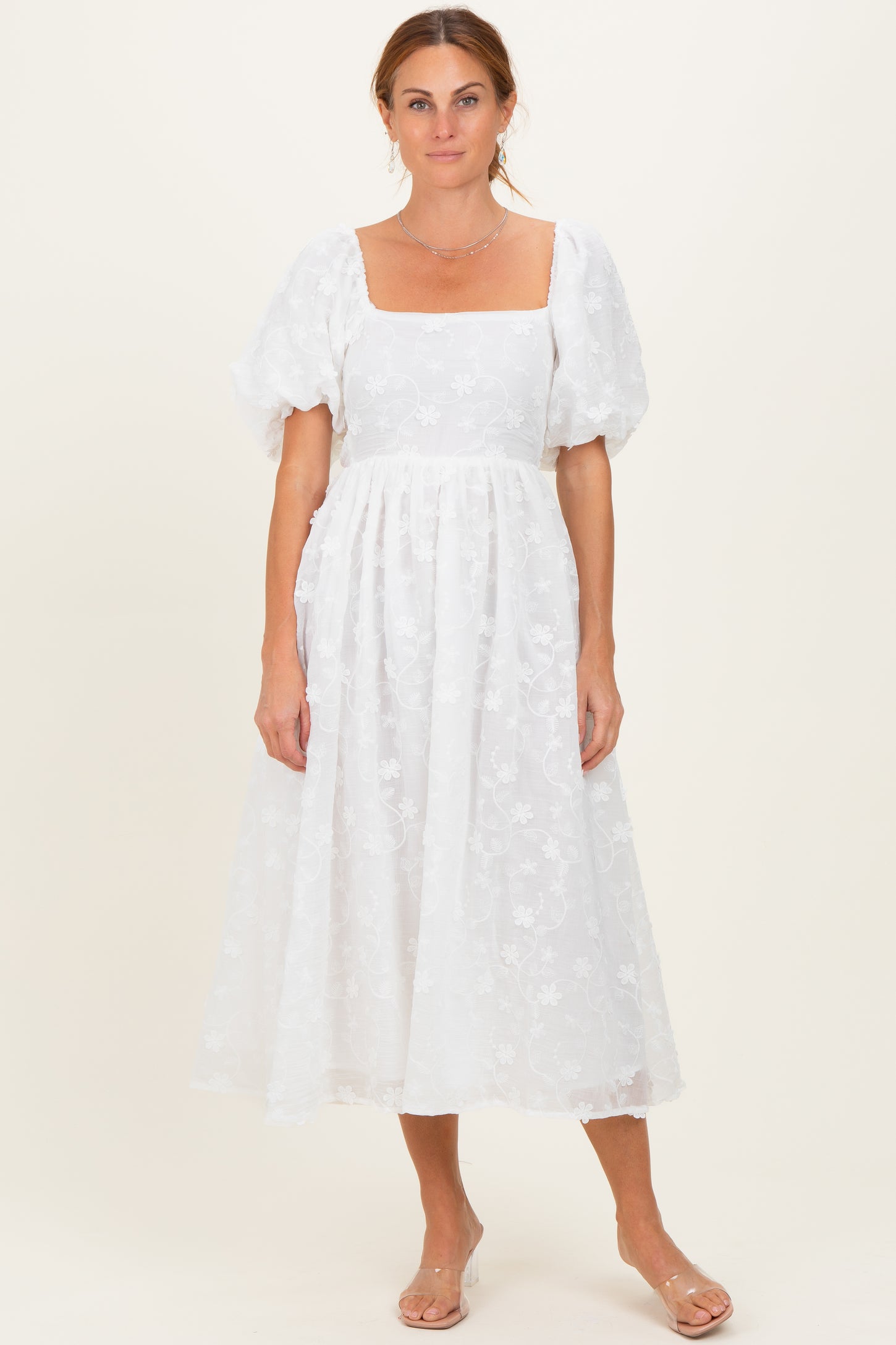 Ivory Embroidered Floral Puff Sleeve Maternity Midi Dress – PinkBlush