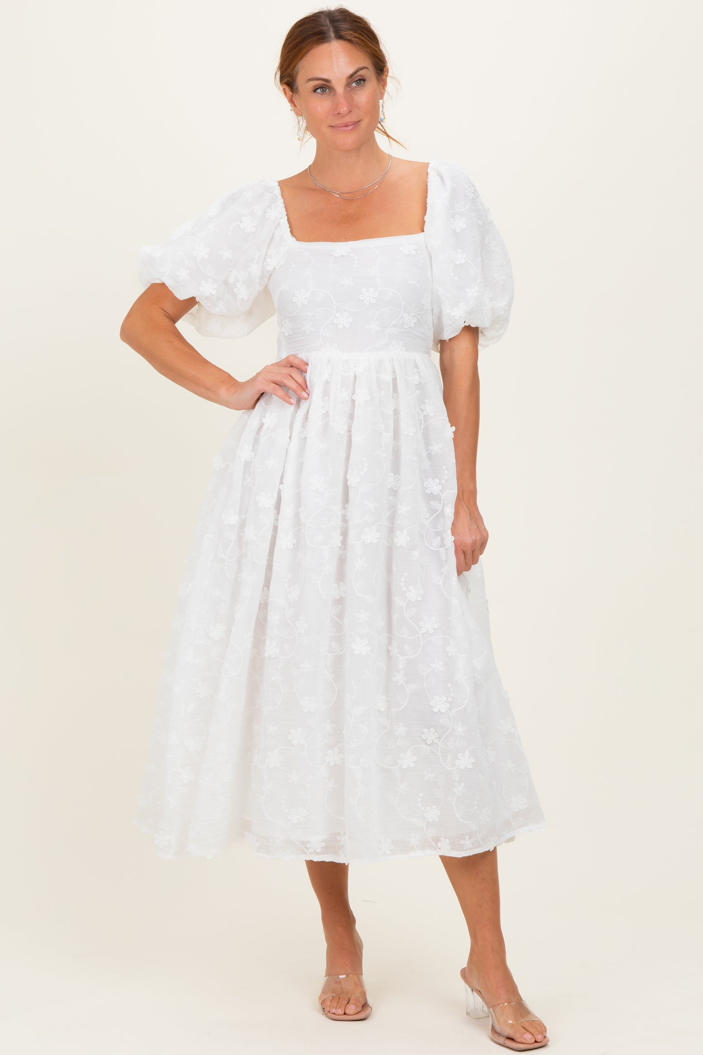 Ivory Embroidered Floral Puff Sleeve Midi Dress