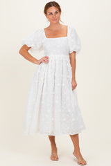 Ivory Embroidered Floral Puff Sleeve Midi Dress