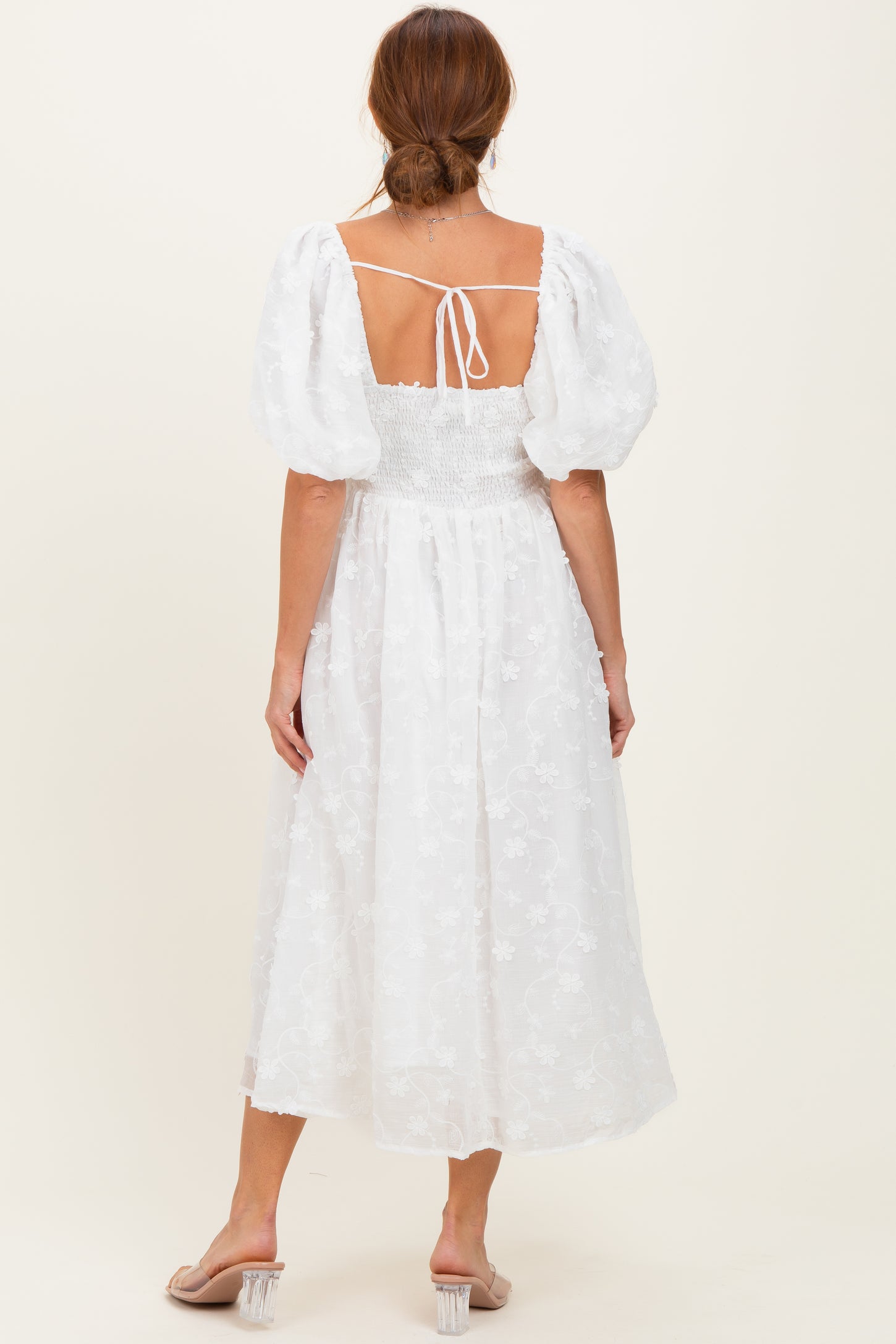 Ivory Embroidered Floral Puff Sleeve Midi Dress