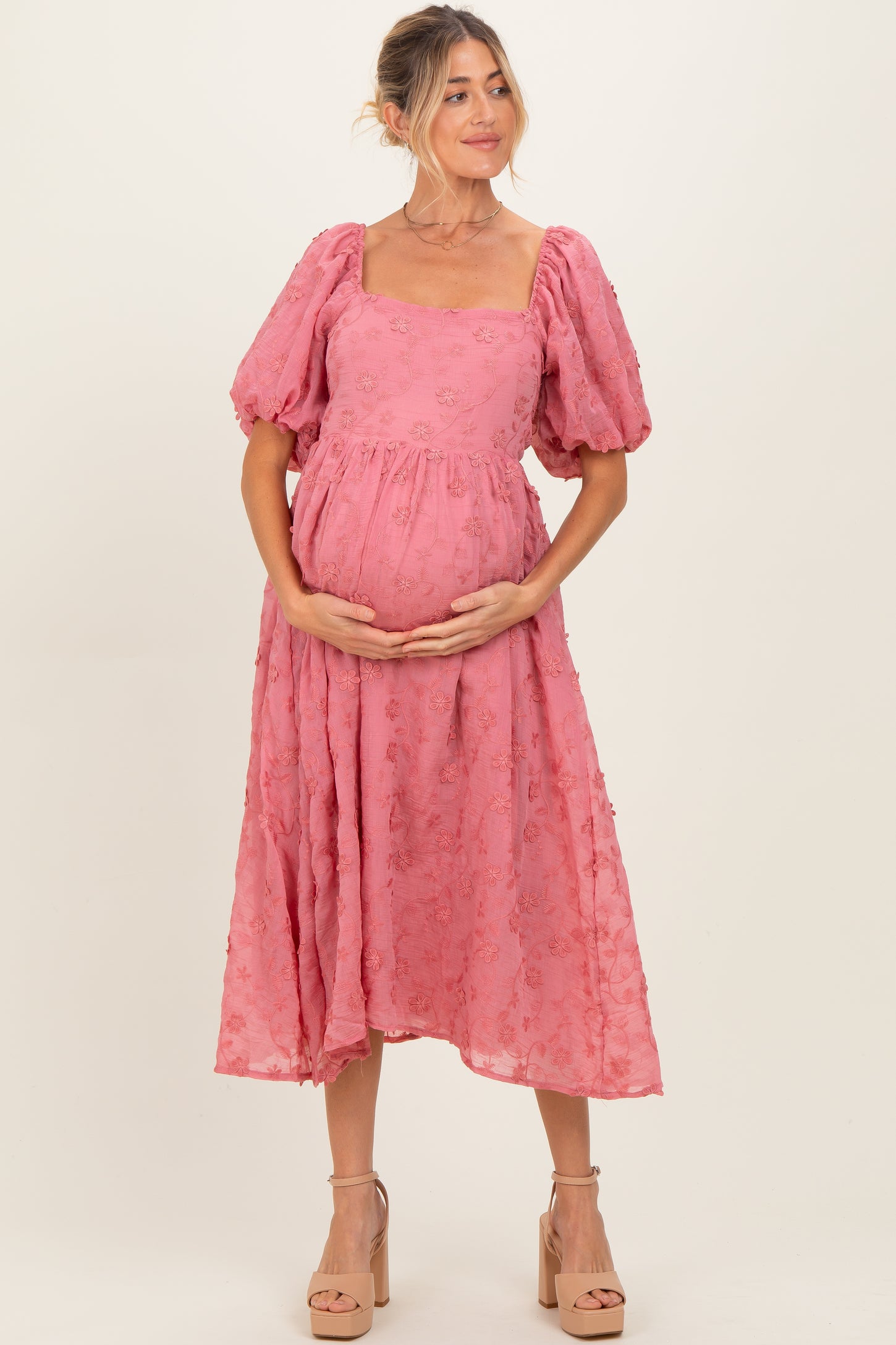 Mauve Embroidered Floral Puff Sleeve Maternity Midi Dress
