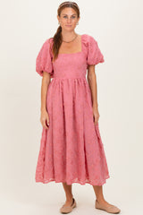 Mauve Embroidered Floral Puff Sleeve Midi Dress