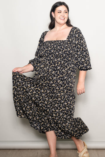 Black Floral Smocked Long Sleeve Plus Maxi Dress