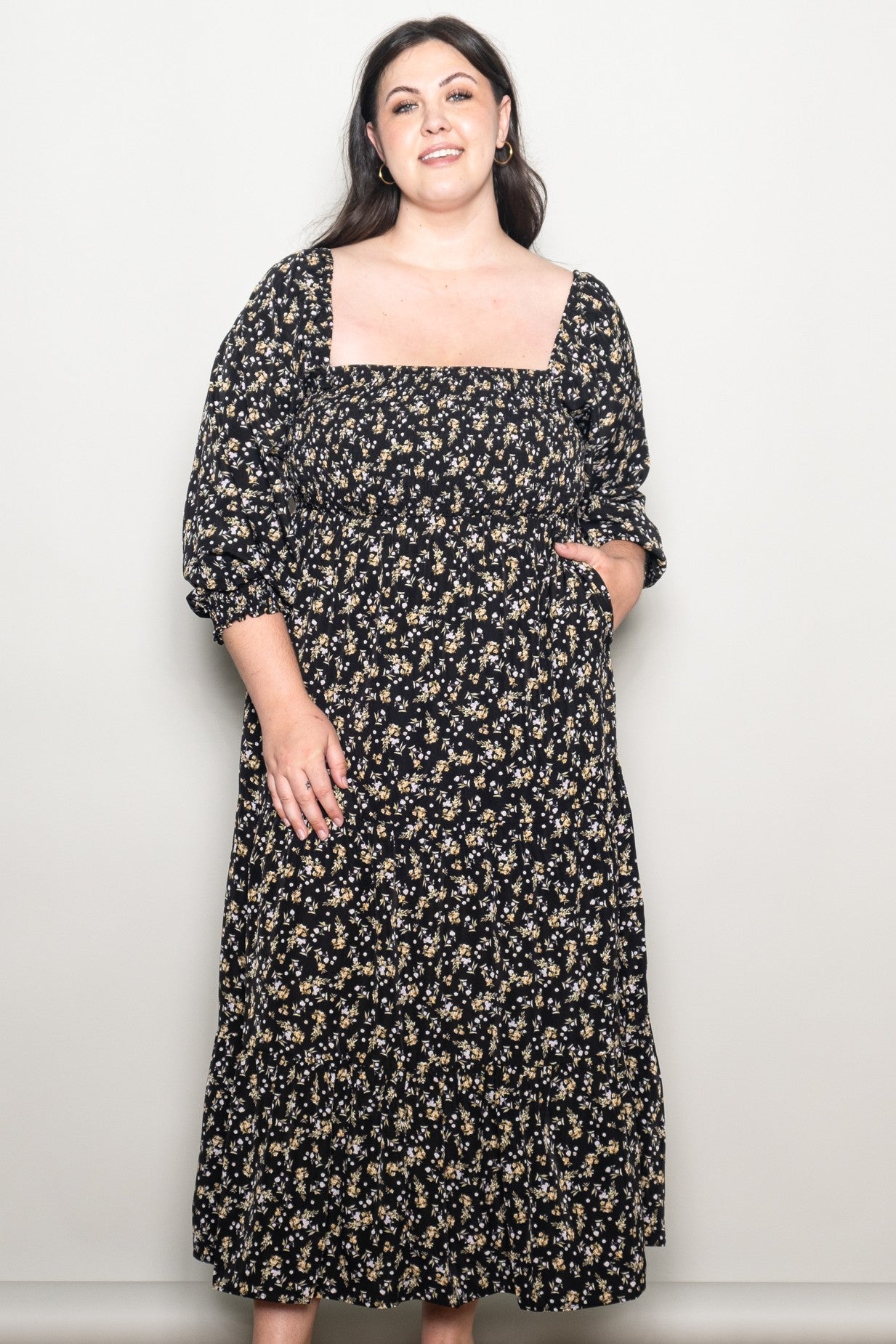 long sleeve plus size maxi dresses Black Floral Smocked Long Sleeve Plus Maxi Dress