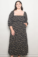 Black Floral Smocked Long Sleeve Maternity Plus Maxi Dress