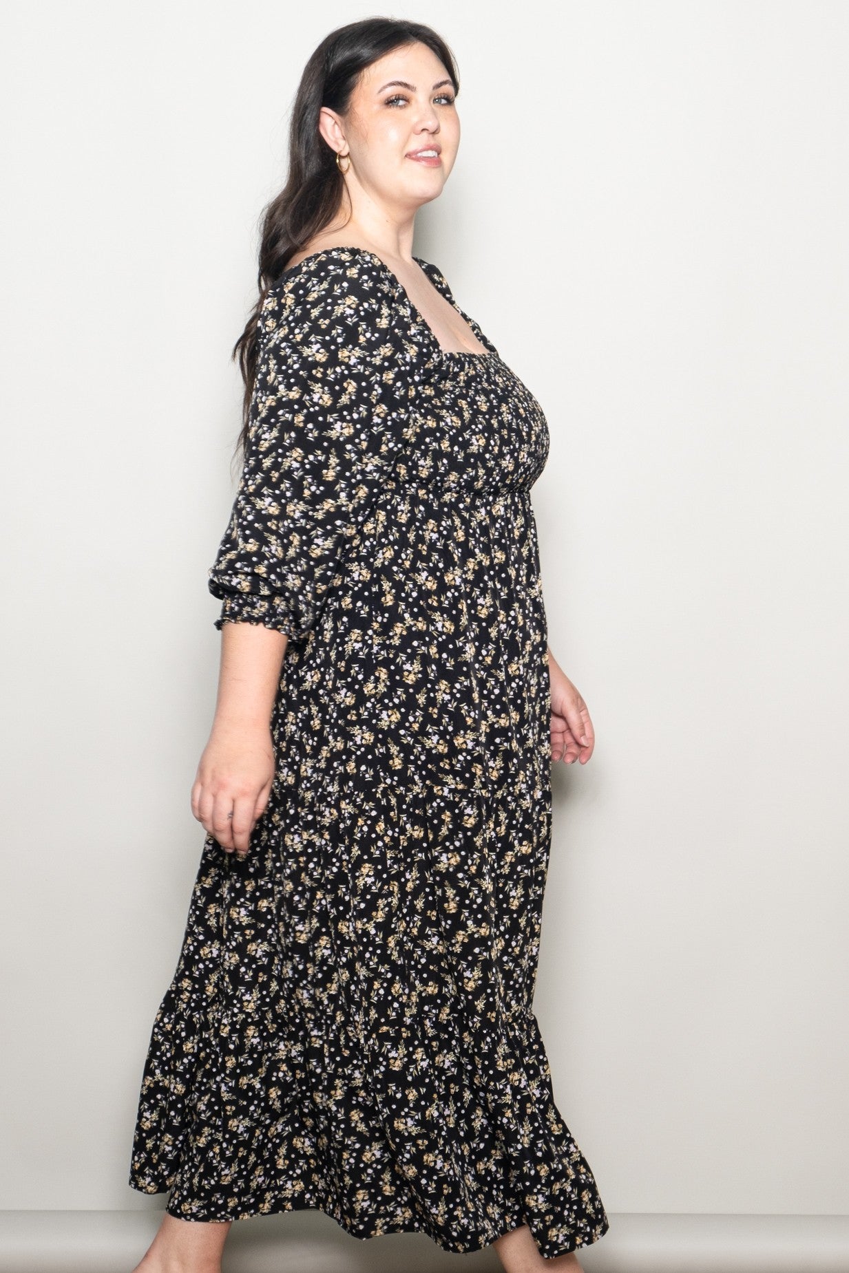 Black Floral Smocked Long Sleeve Plus Maxi Dress