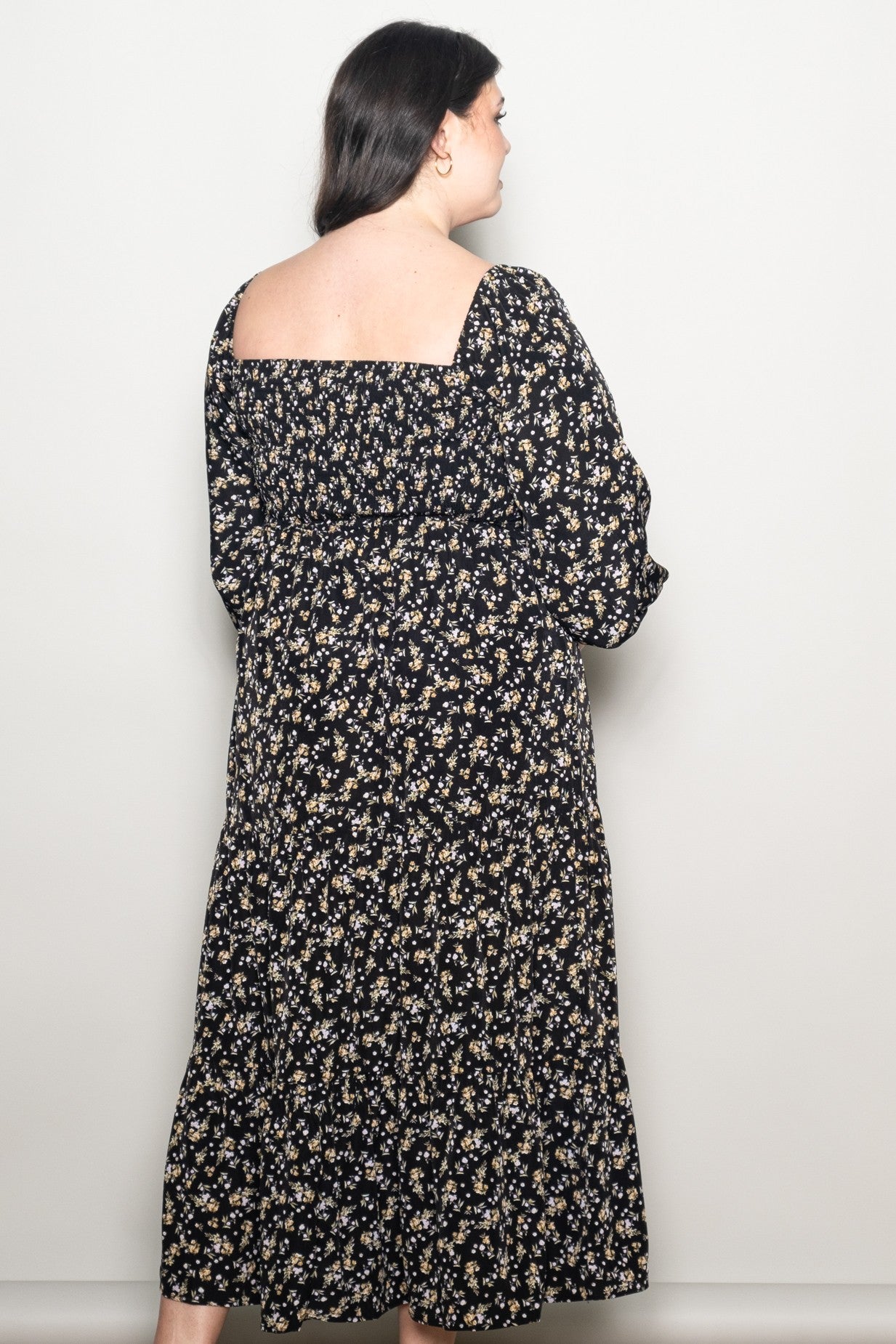 Black Floral Smocked Long Sleeve Plus Maxi Dress Black Floral Smocked Long Sleeve Plus Maxi Dress