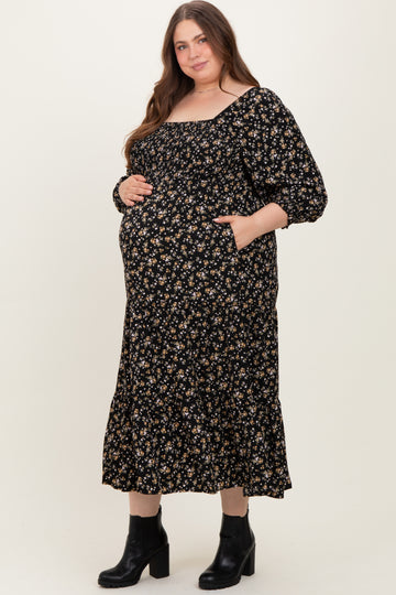 Black Floral Smocked Long Sleeve Maternity Plus Maxi Dress