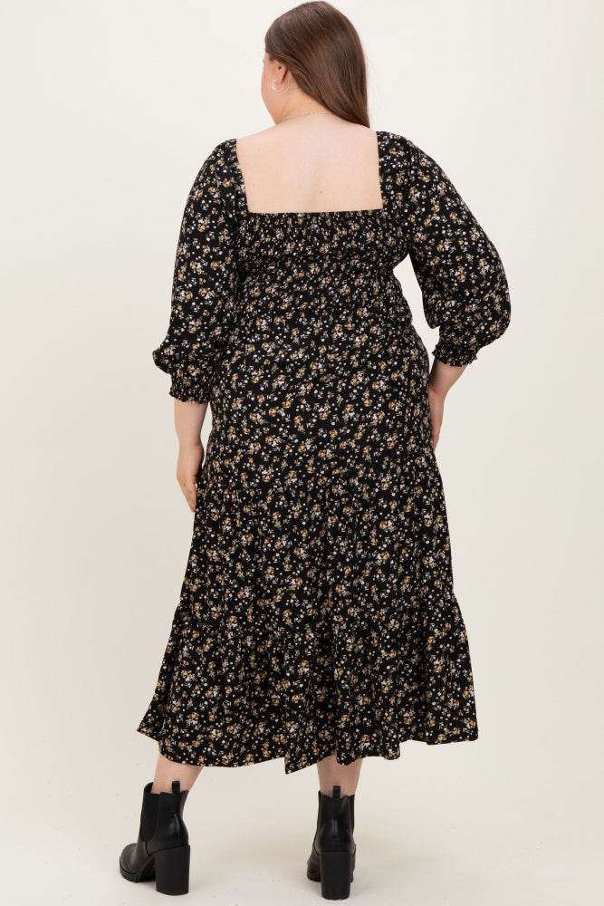 black floral maxi dress plus size Smocked Long Sleeve Maternity E-DISCOUNTED-NOV25 Model is 5 9.5 Sweetheart Gold Metallic Ruffles Size:14XL