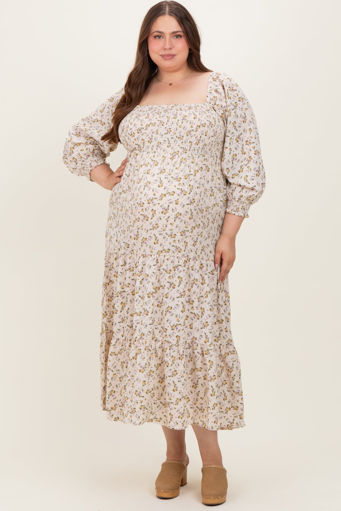 Cream Floral Smocked Long Sleeve Maternity Plus Maxi Dress – PinkBlush
