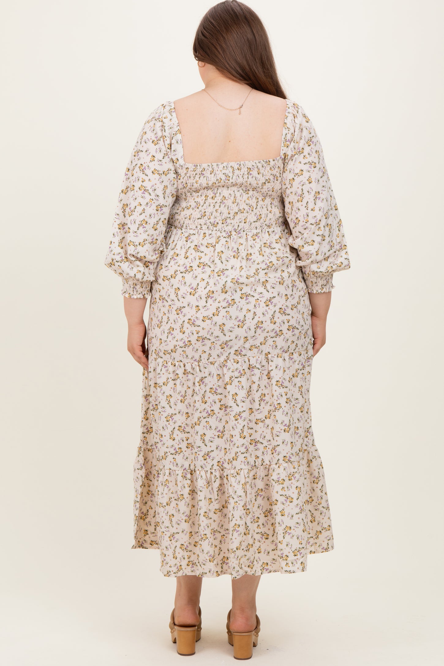 Cream Floral Smocked Long Sleeve Maternity Plus Maxi Dress