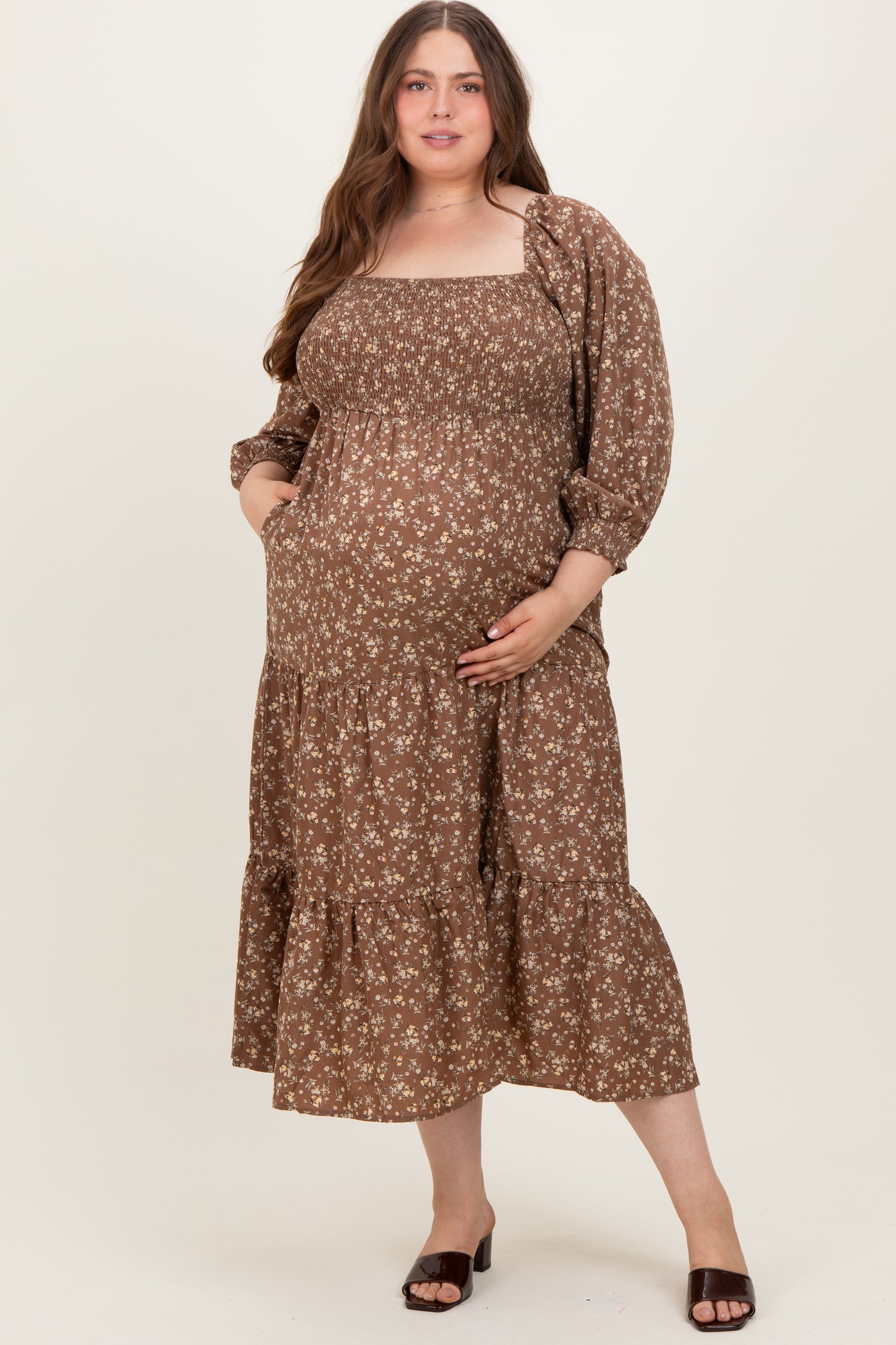 Mocha Floral Smocked Long Sleeve Maternity Plus Maxi Dress Mocha Floral Smocked Long Sleeve Maternity Plus Maxi Dress
