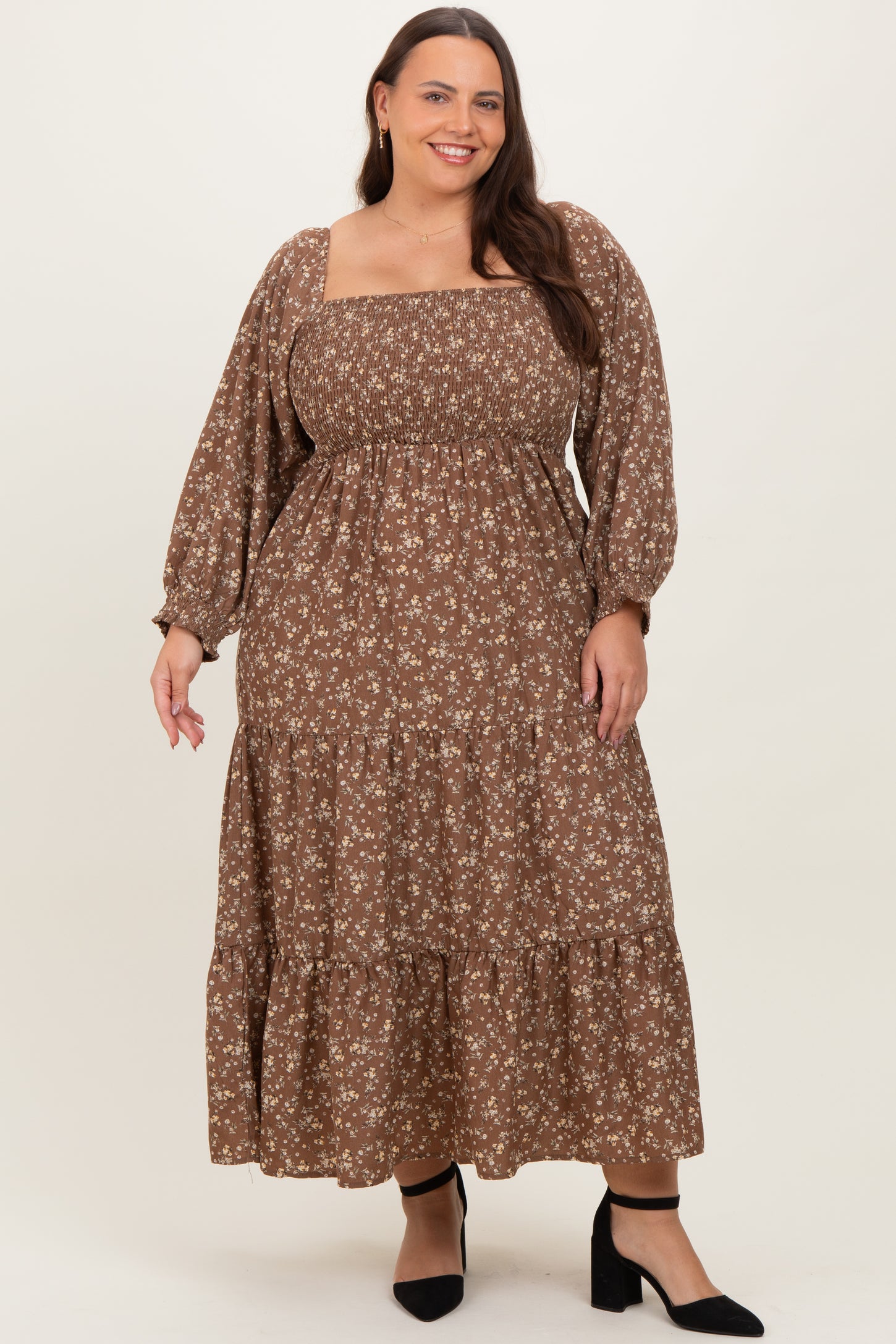 Mocha Floral Smocked Long Sleeve Maternity Plus Maxi Dress