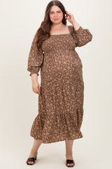 Mocha Floral Smocked Long Sleeve Maternity Plus Maxi Dress