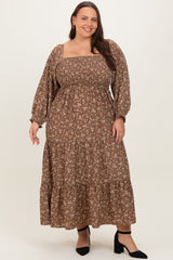 Mocha Floral Smocked Long Sleeve Plus Maxi Dress