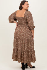 Mocha Floral Smocked Long Sleeve Plus Maxi Dress