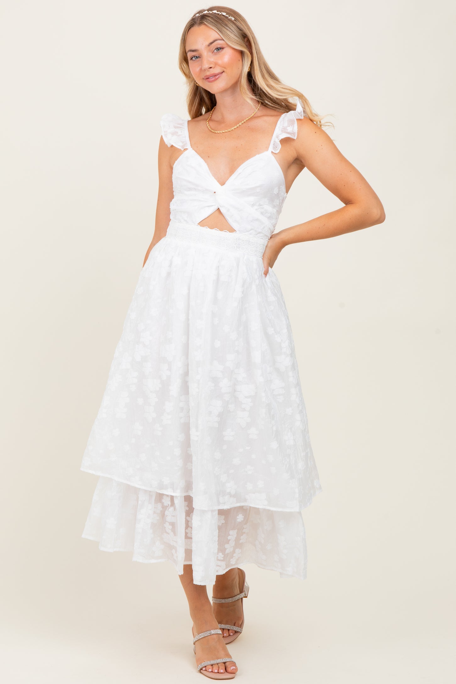 White Embroidered Twist Front Cutout Maternity Midi Dress