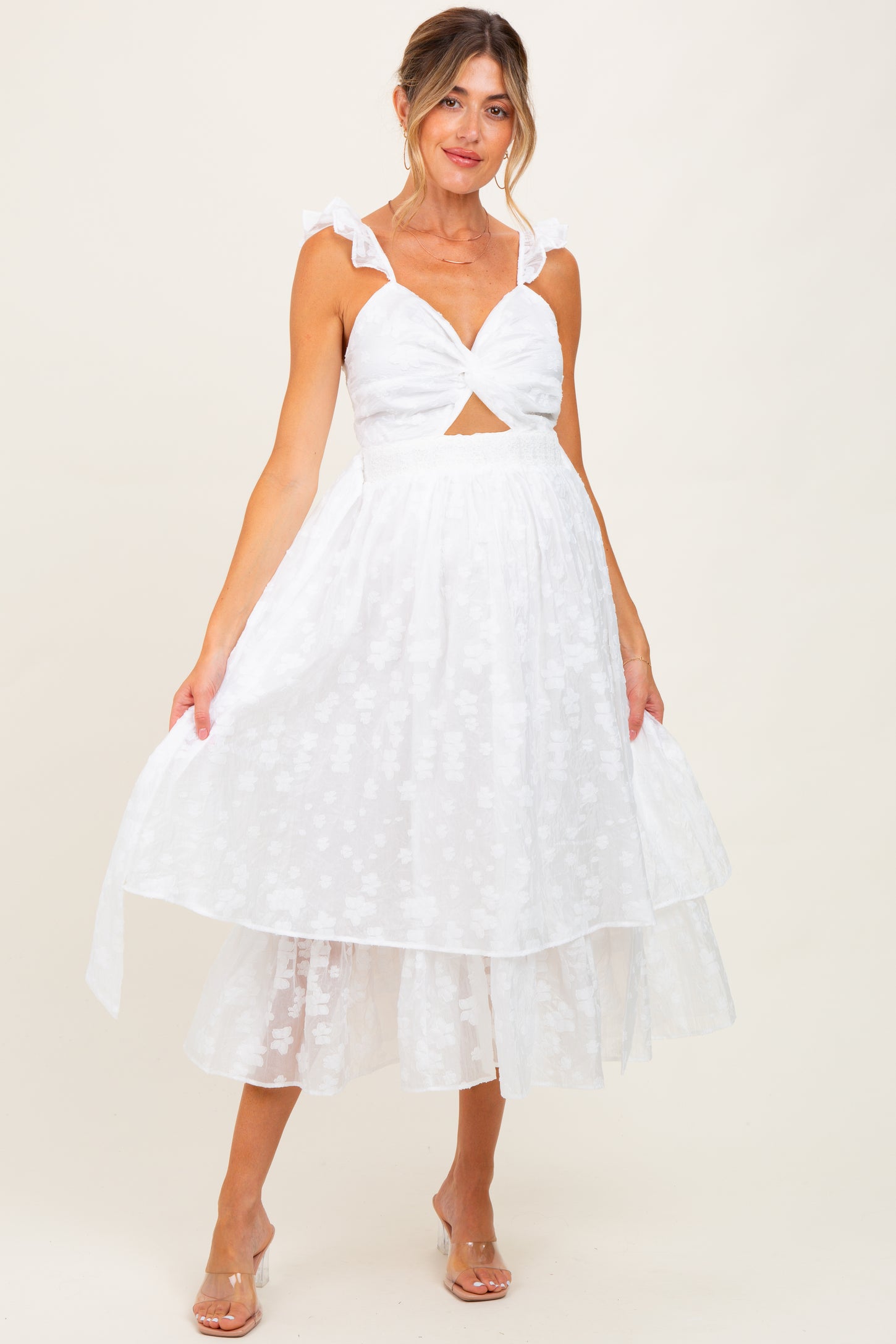 White Embroidered Twist Front Cutout Maternity Midi Dress