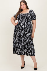 Black Floral Smocked Sweetheart Neckline Maternity Plus Midi Dress