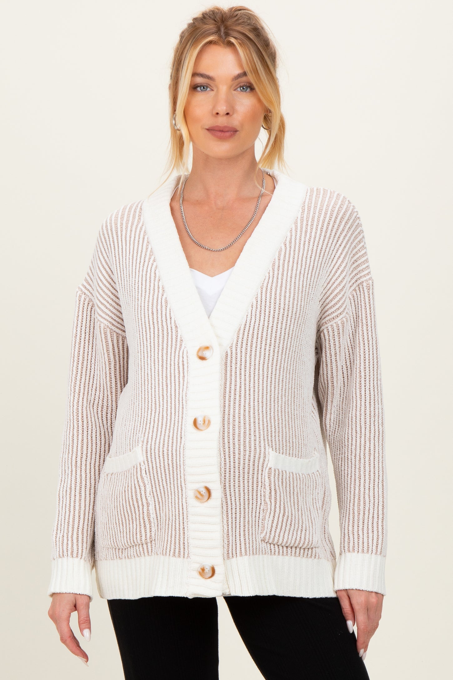 Taupe Two Tone Stripe Contrast Oversized Maternity Sweater Cardigan