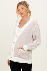 Taupe Two Tone Stripe Contrast Oversized Maternity Sweater Cardigan
