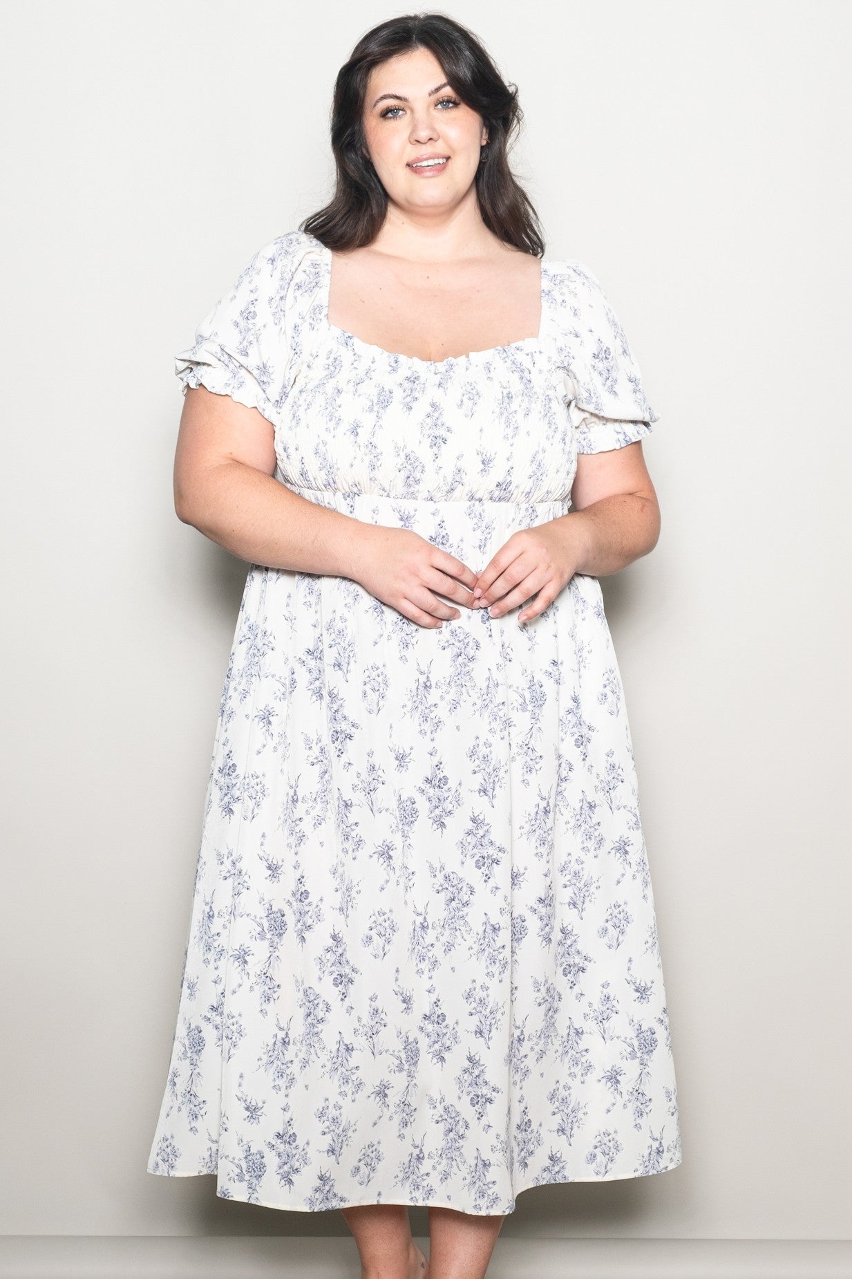 Ivory Floral Smocked Sweetheart Neckline Plus Midi Dress