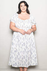 Ivory Floral Smocked Sweetheart Neckline Plus Midi Dress