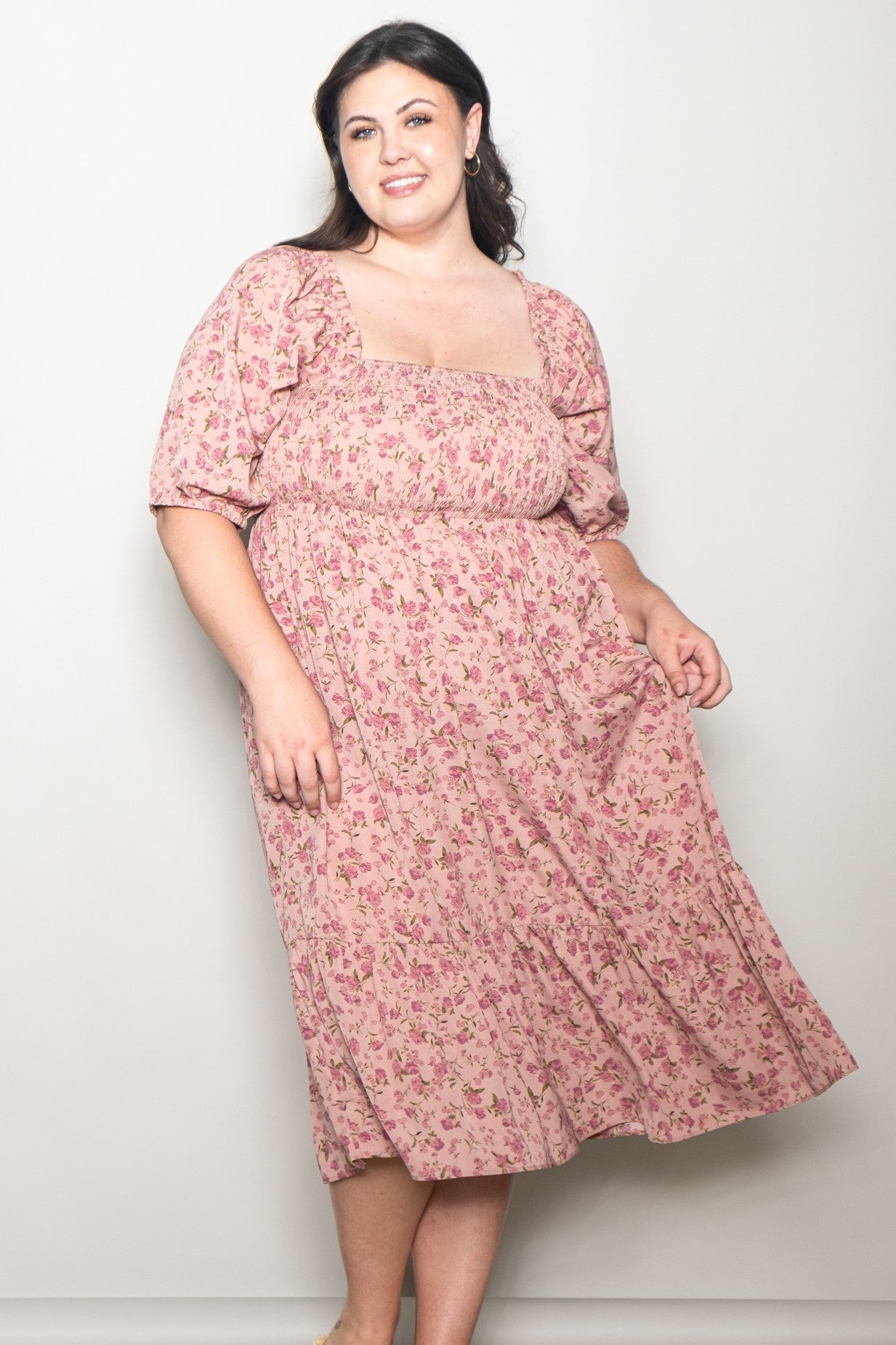 pink floral dress plus size Smocked Midi Size:PH L Future Foundation Backless Strapless 132cm/53.9 Machine washable bodysuits bra 1