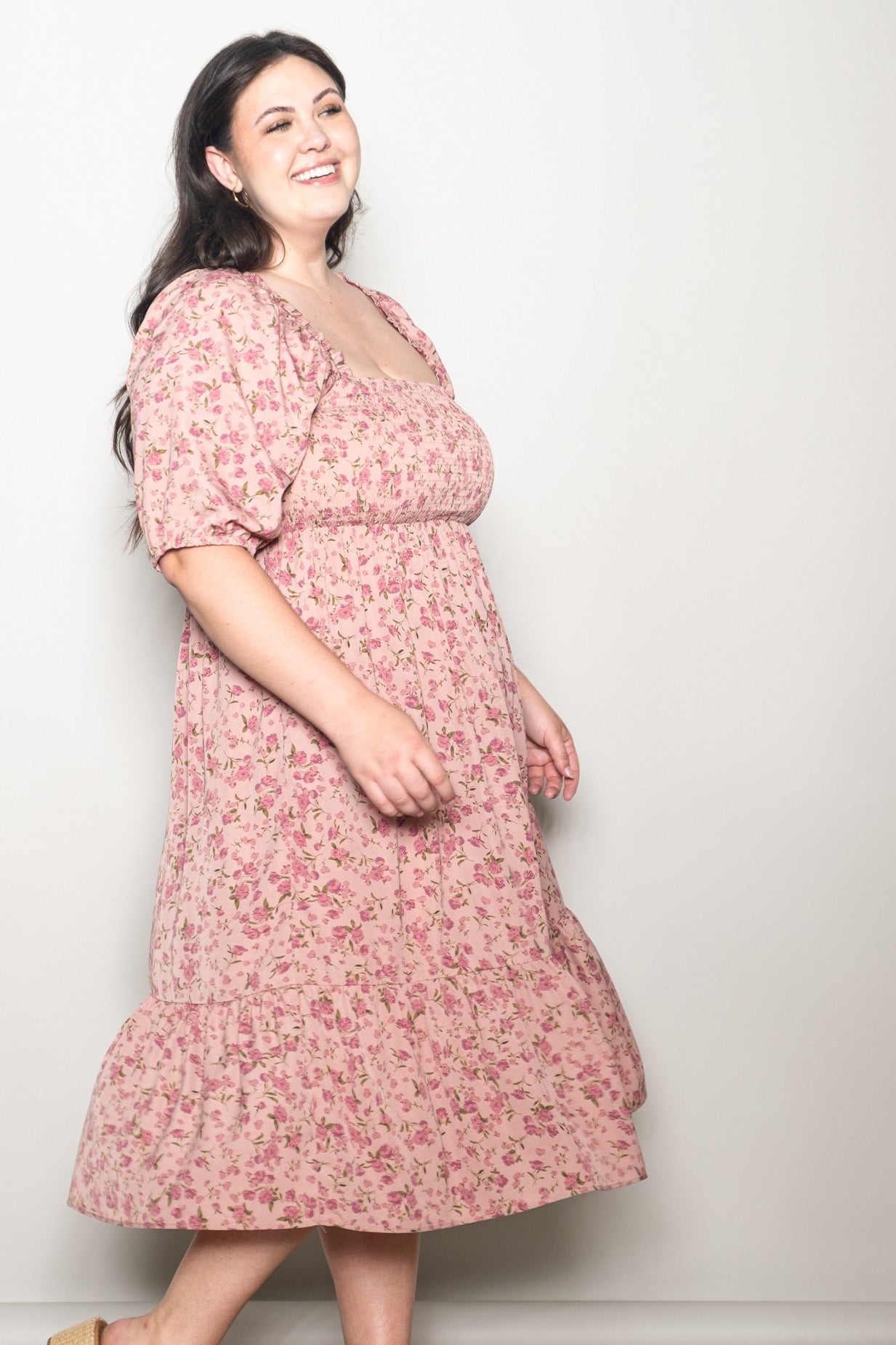 Pink Floral Smocked Plus Midi Dress  PinkBlush