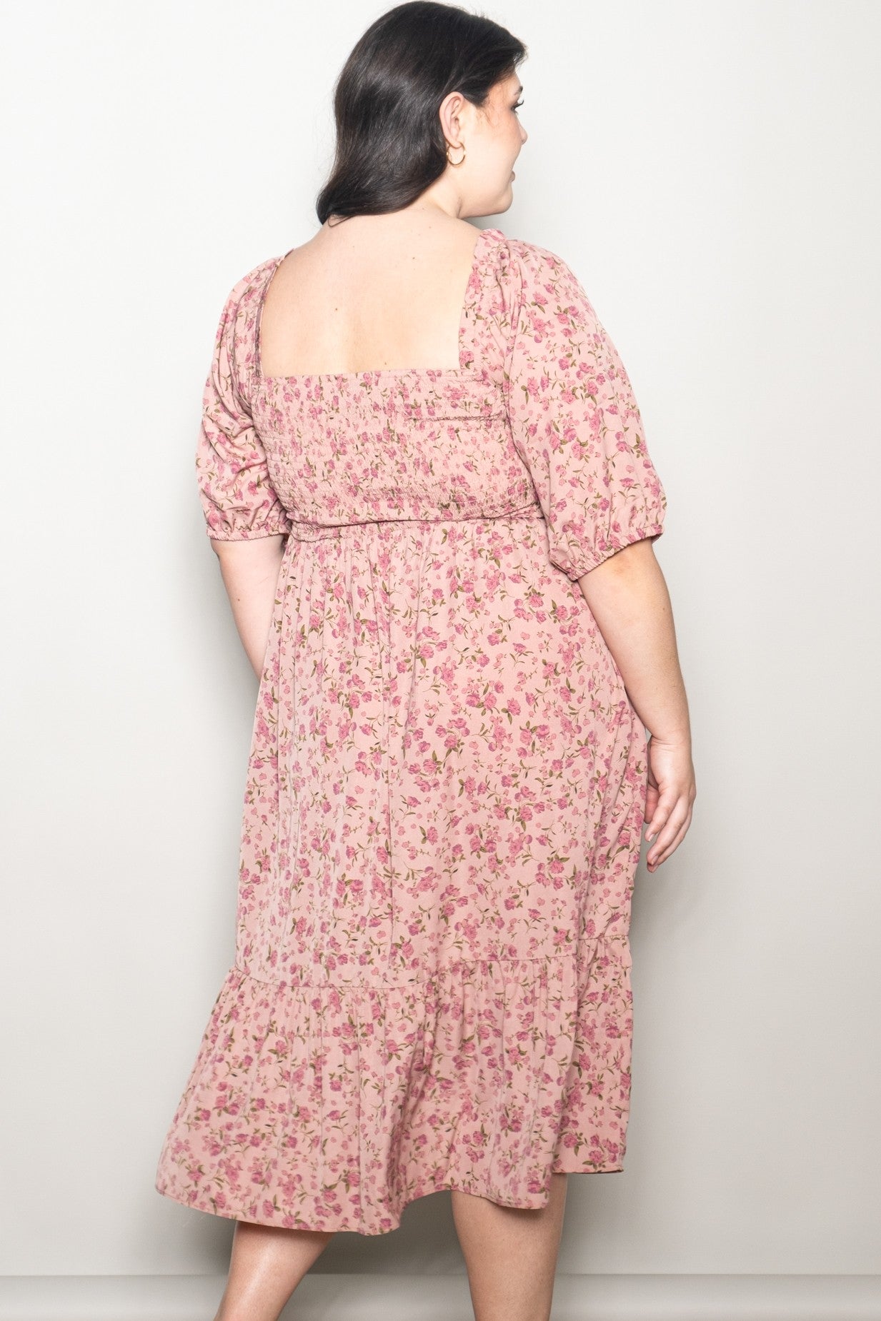 Pink Floral Smocked Plus Midi Dress