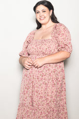 Pink Floral Smocked Plus Midi Dress