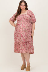 Pink Floral Smocked Maternity Plus Midi Dress