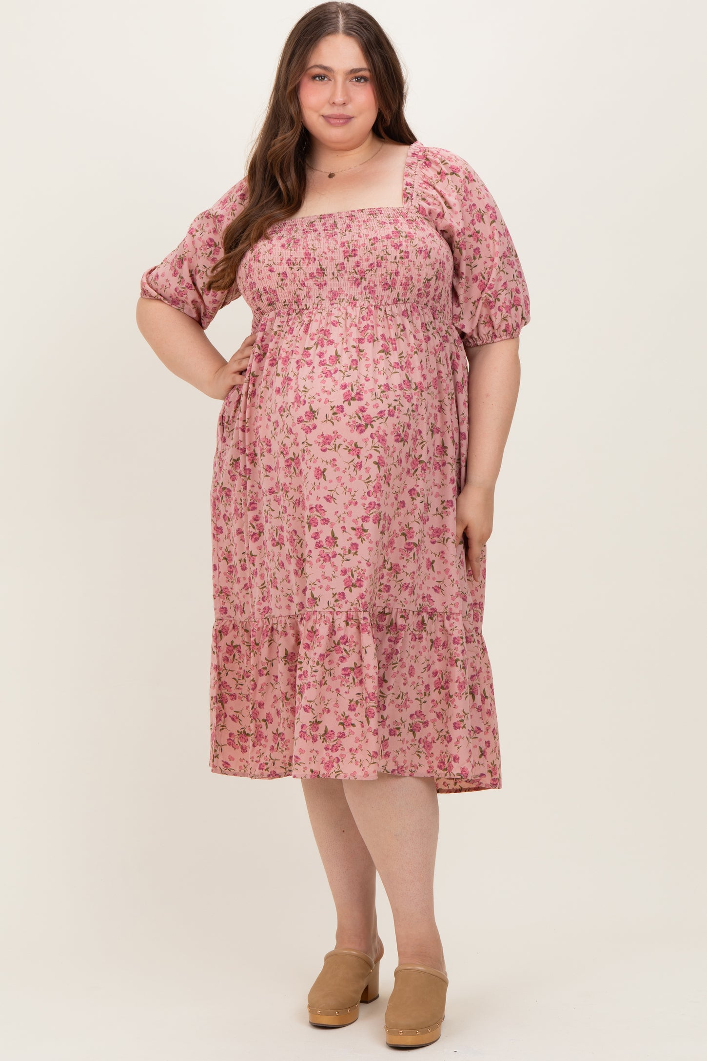 Pink Floral Smocked Maternity Plus Midi Dress