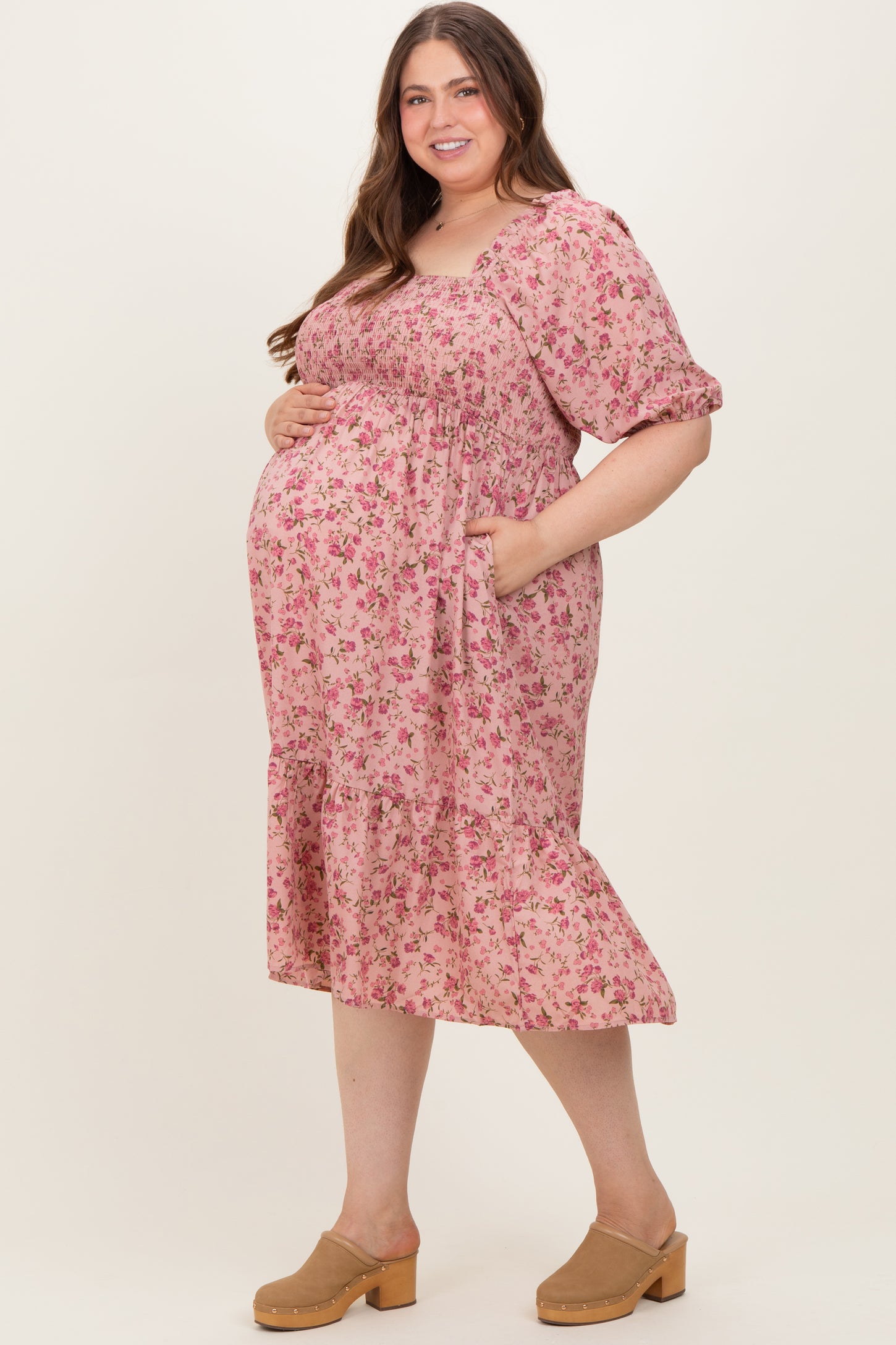 Pink Floral Smocked Maternity Plus Midi Dress