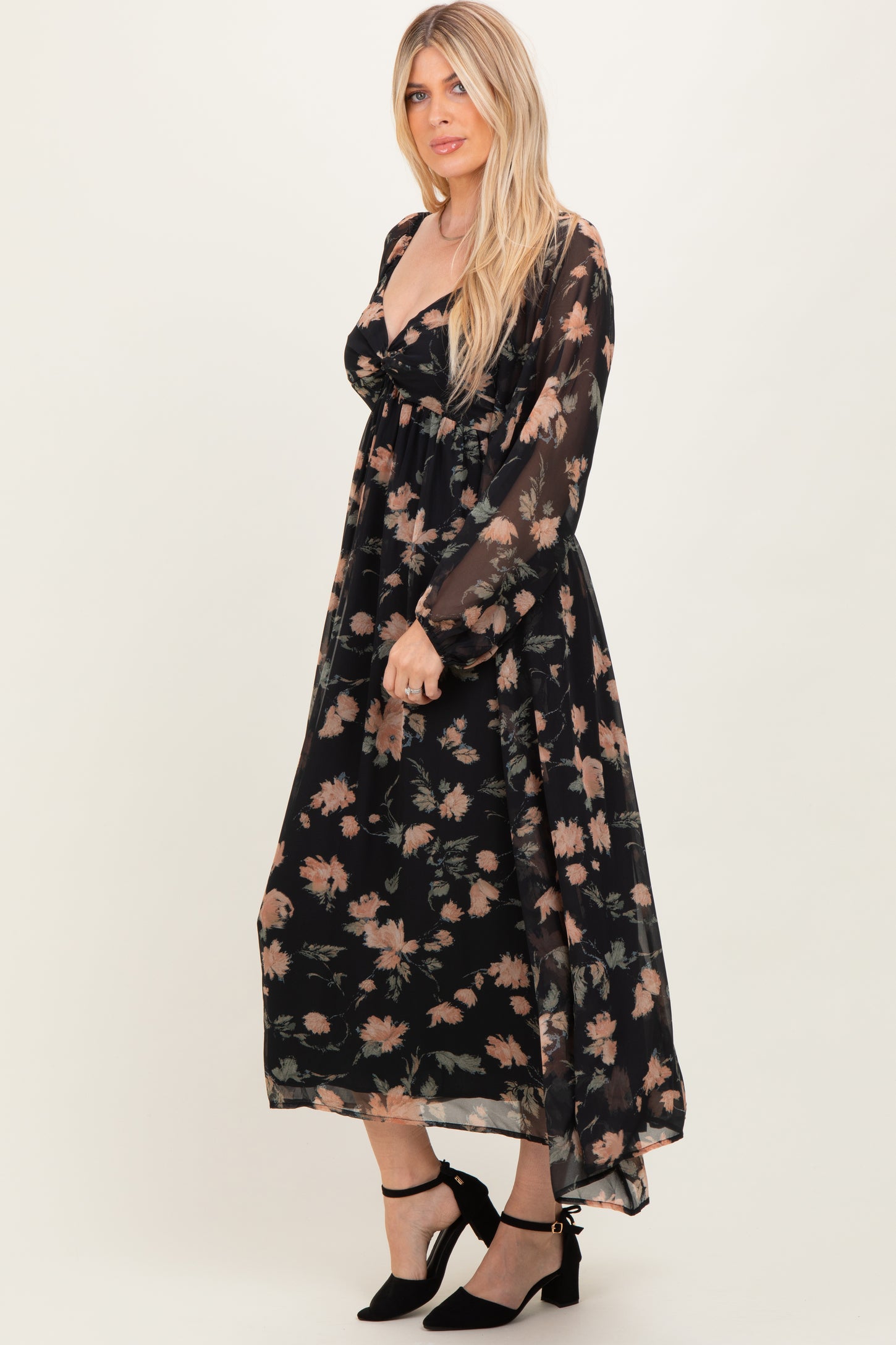 Black/Peach Floral Knotted Bust Chiffon Midi Dress PinkBlush Black/Peach Floral Knotted Bust Chiffon Midi Dress PinkBlush