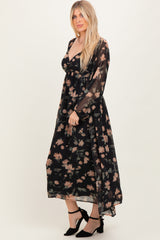 Black/Peach Floral Knotted Bust Chiffon Midi Dress