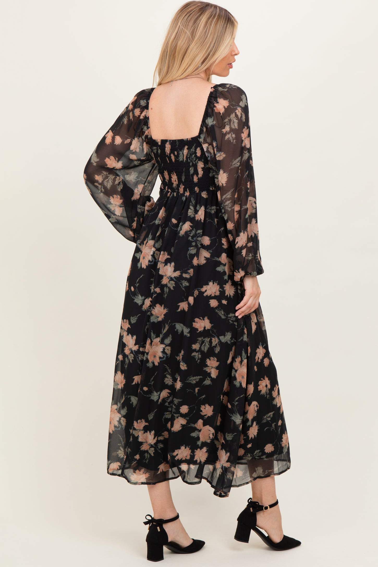 Black/Peach Floral Knotted Bust Chiffon Midi Dress